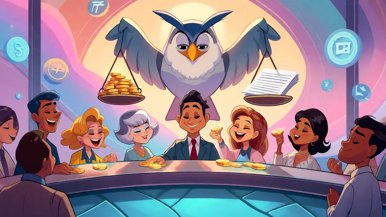 Happy traders exchanging tokens under a wise owl's watch