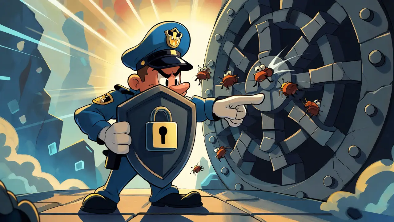 Heroic cartoon guard deflects bug attacks with a shield protecting a crypto vault.