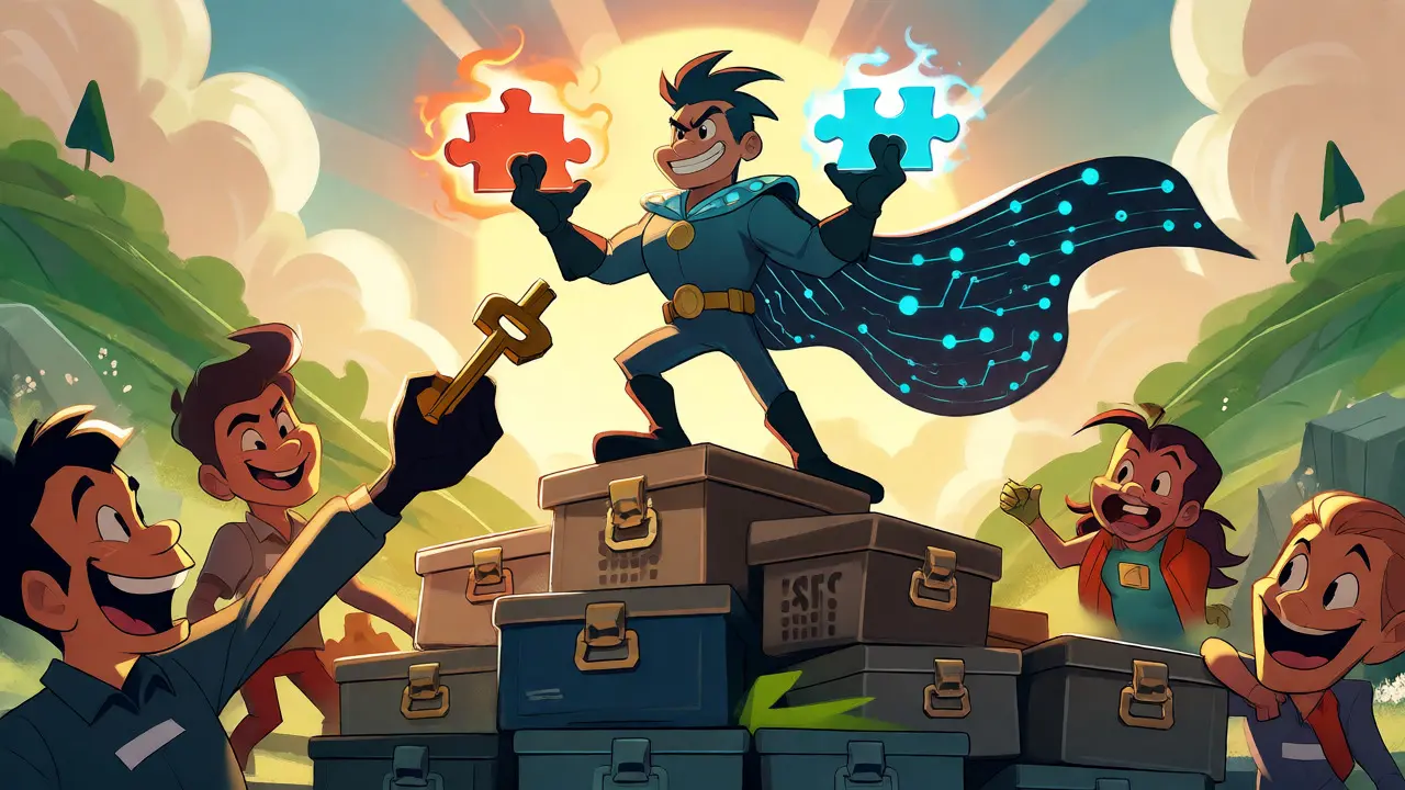Heroic cartoon guardian with MPC shards and friends for social recovery