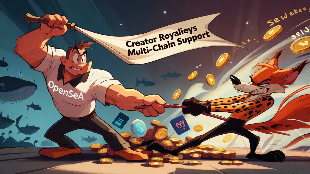 Mascots pulling on digital assets in a symbolic battle for NFT dominance.