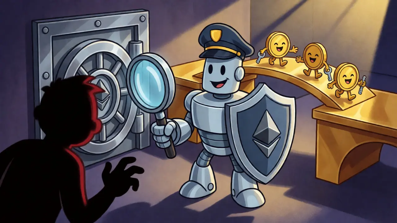Robot guard protecting crypto assets on a bridge from phishing threats in a cartoon style