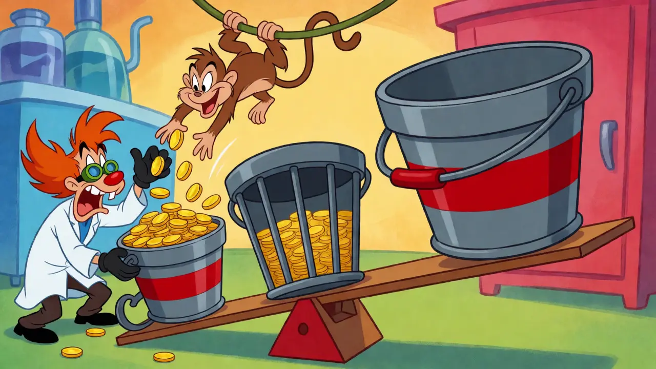 Scientist balancing buckets of coins representing different supply types