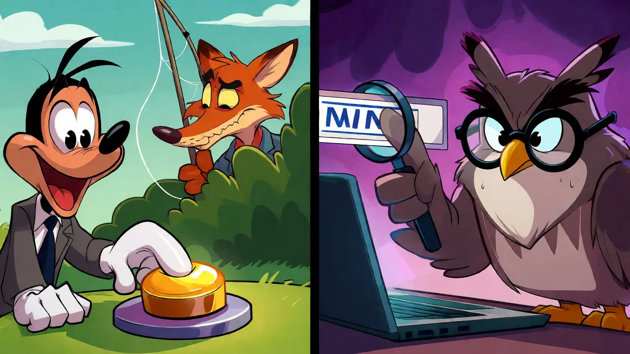 Split view of a fox scammer luring a victim versus an owl teaching URL safety.