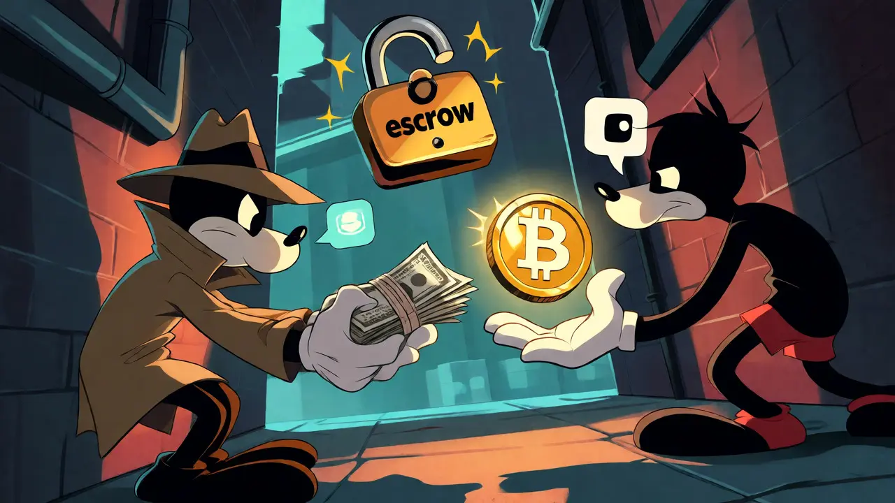 Two cartoon characters exchanging cash for a glowing Bitcoin in a secret alley.