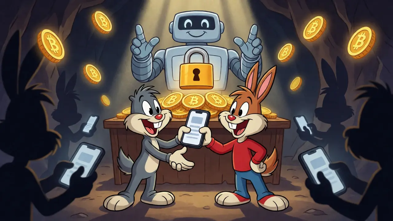 Two cartoon characters shaking hands for P2P crypto trade