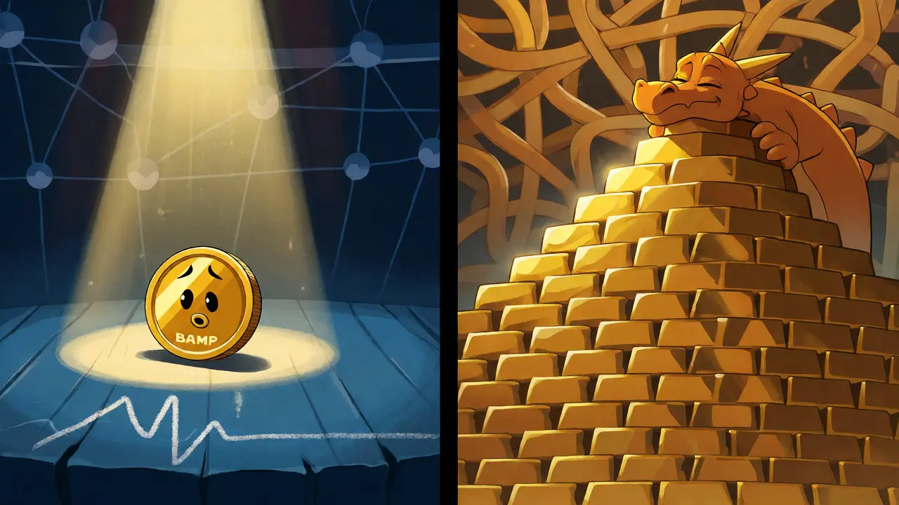 Visual metaphor showing tiny circulating BAMP tokens versus a massive vault of undistributed supply.
