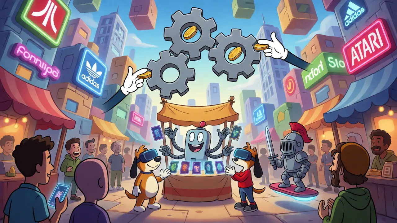Wacky avatars trading NFTs in a chaotic, colorful virtual marketplace with robotic vendors.