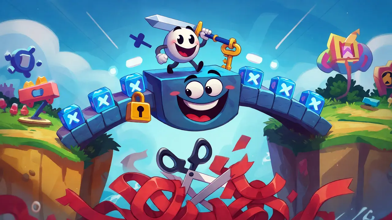 Whimsical blockchain bridge connecting digital worlds for asset transfer.