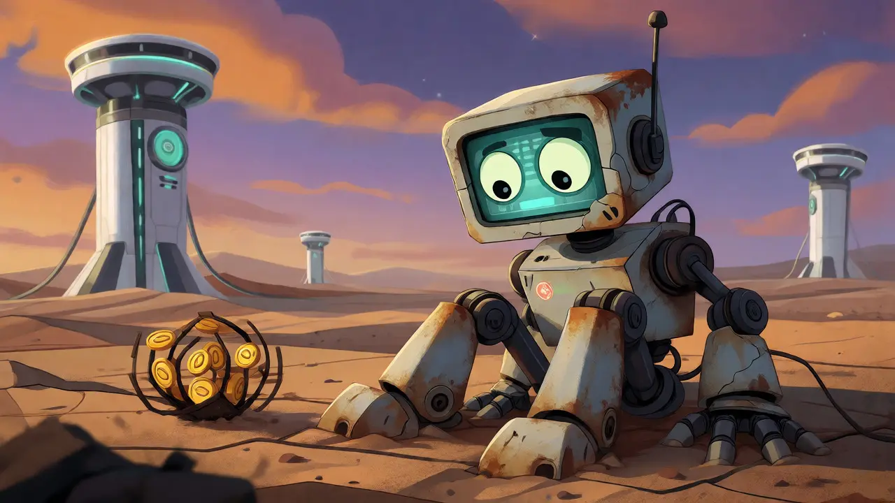 Abandoned robot sitting in a digital desert with zero-value token tumbleweeds