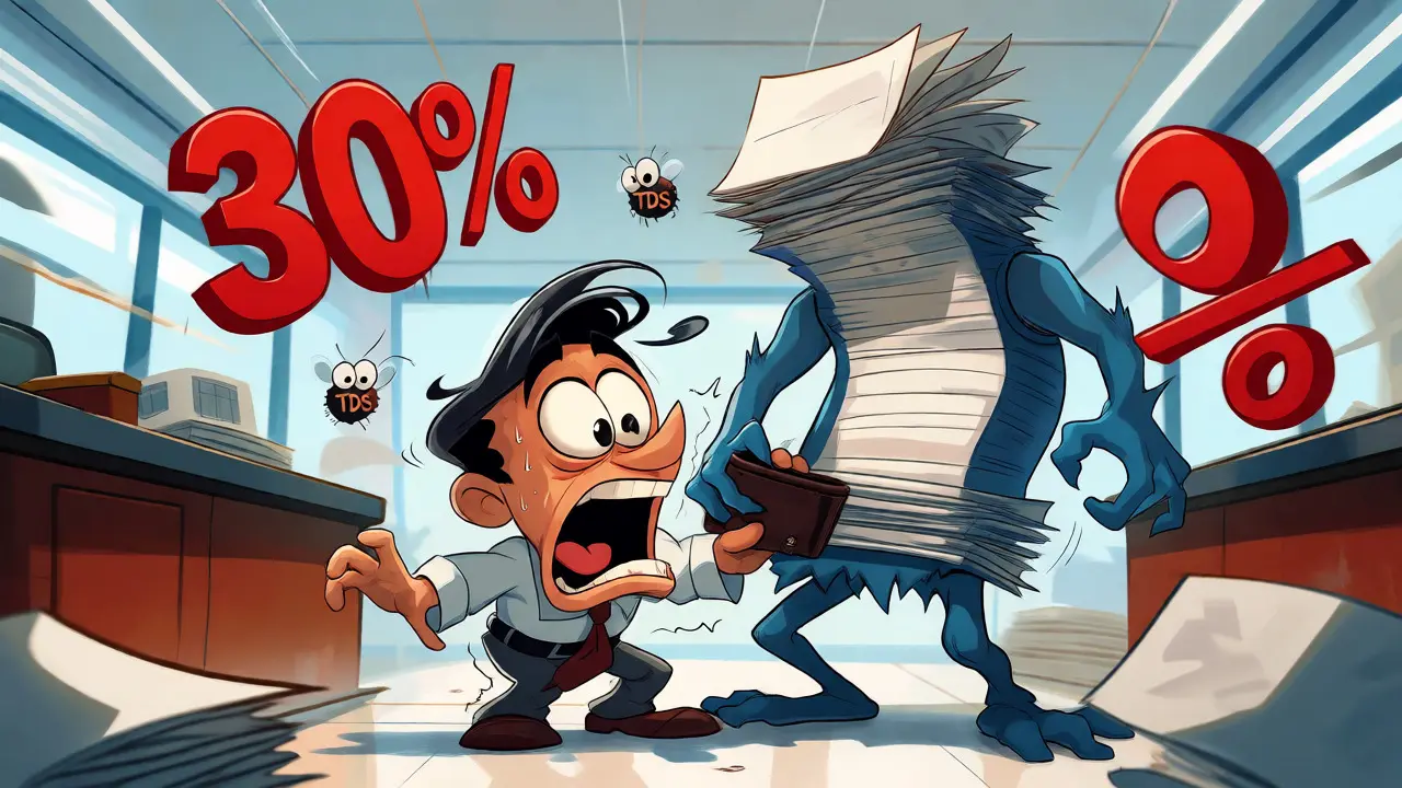 Animated investor panicking under a giant pile of tax forms and penalty symbols.