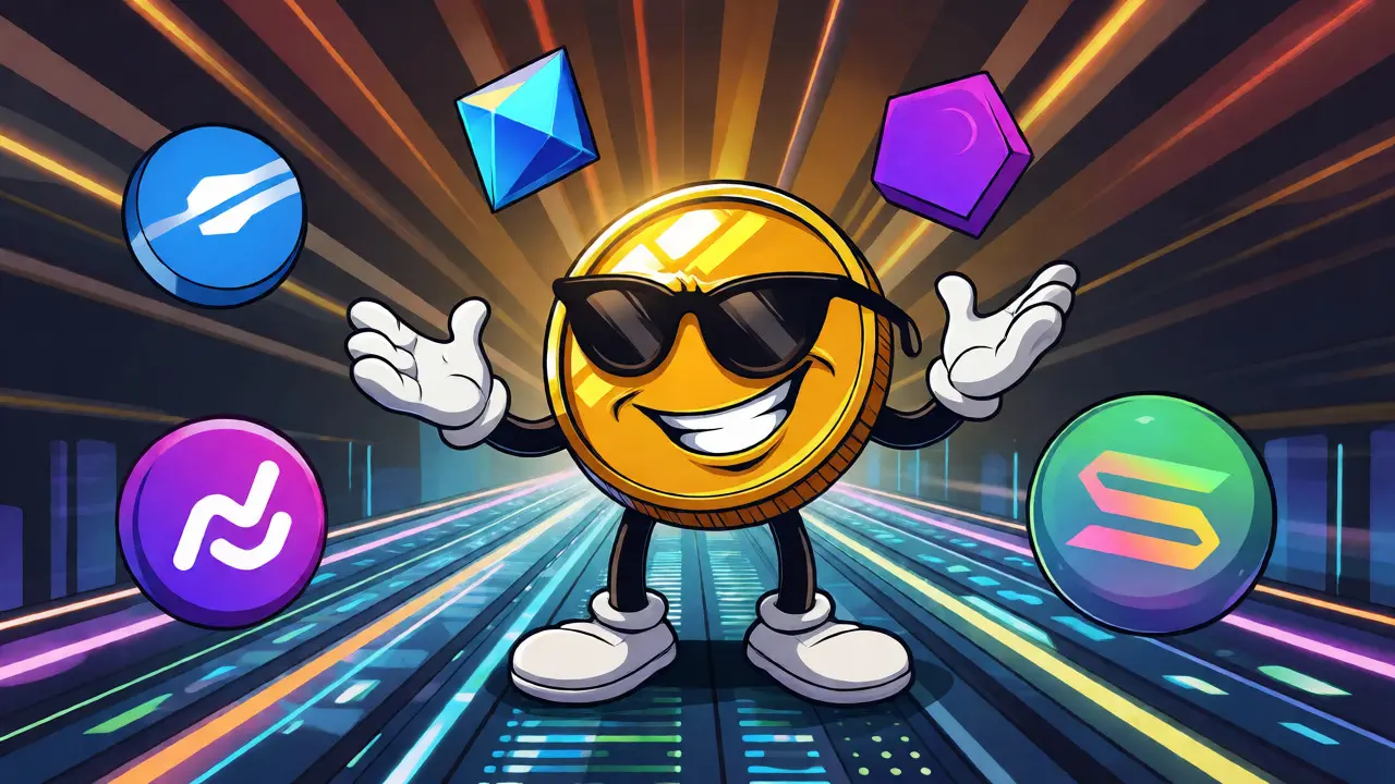 Anthropomorphic coin juggles Ethereum, Polygon, Base, and Solana symbols.