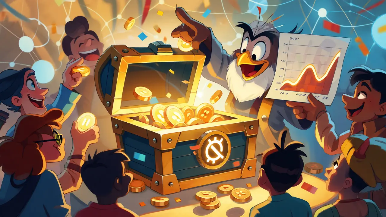 Cartoon characters vote and earn rewards from a glowing DAO treasure chest.