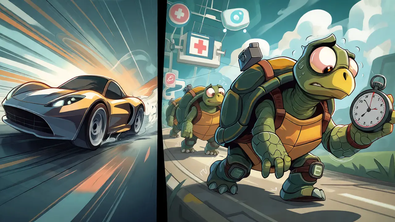 Cartoon comparing a fast central server car with slow decentralized turtle robots.
