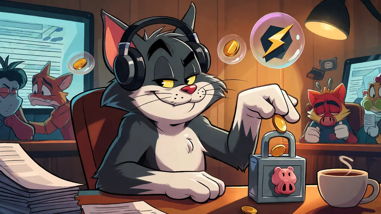 Confident cartoon cat enjoying low fees and easy trading while others struggle with paperwork.