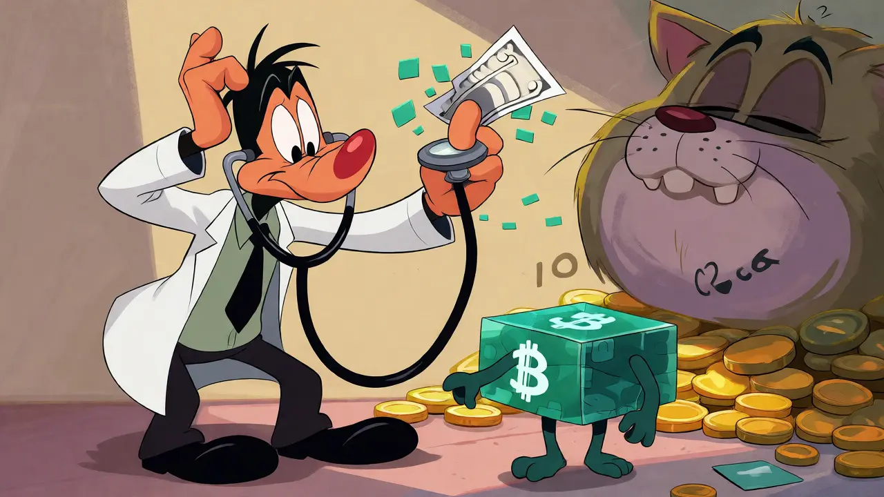 Confused cartoon doctor examining a blockchain patient as coins dissolve