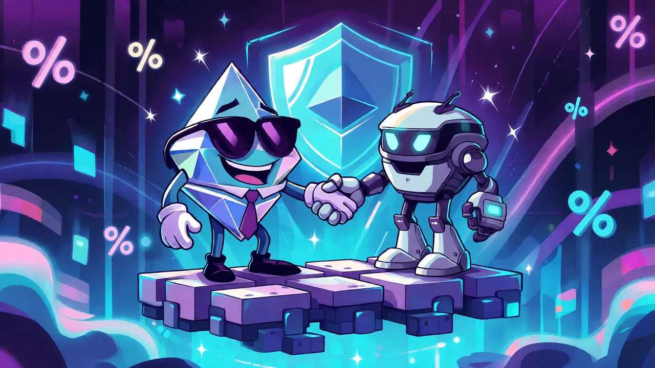 Ethereum diamond character shaking hands with a secure wallet robot on a blockchain platform.