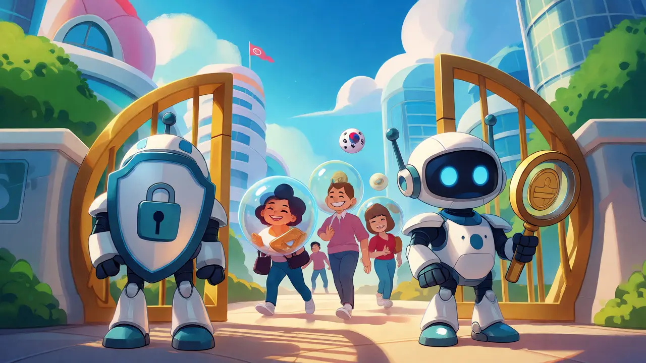 Friendly robots guarding a golden gate where users safely carry protected crypto assets.