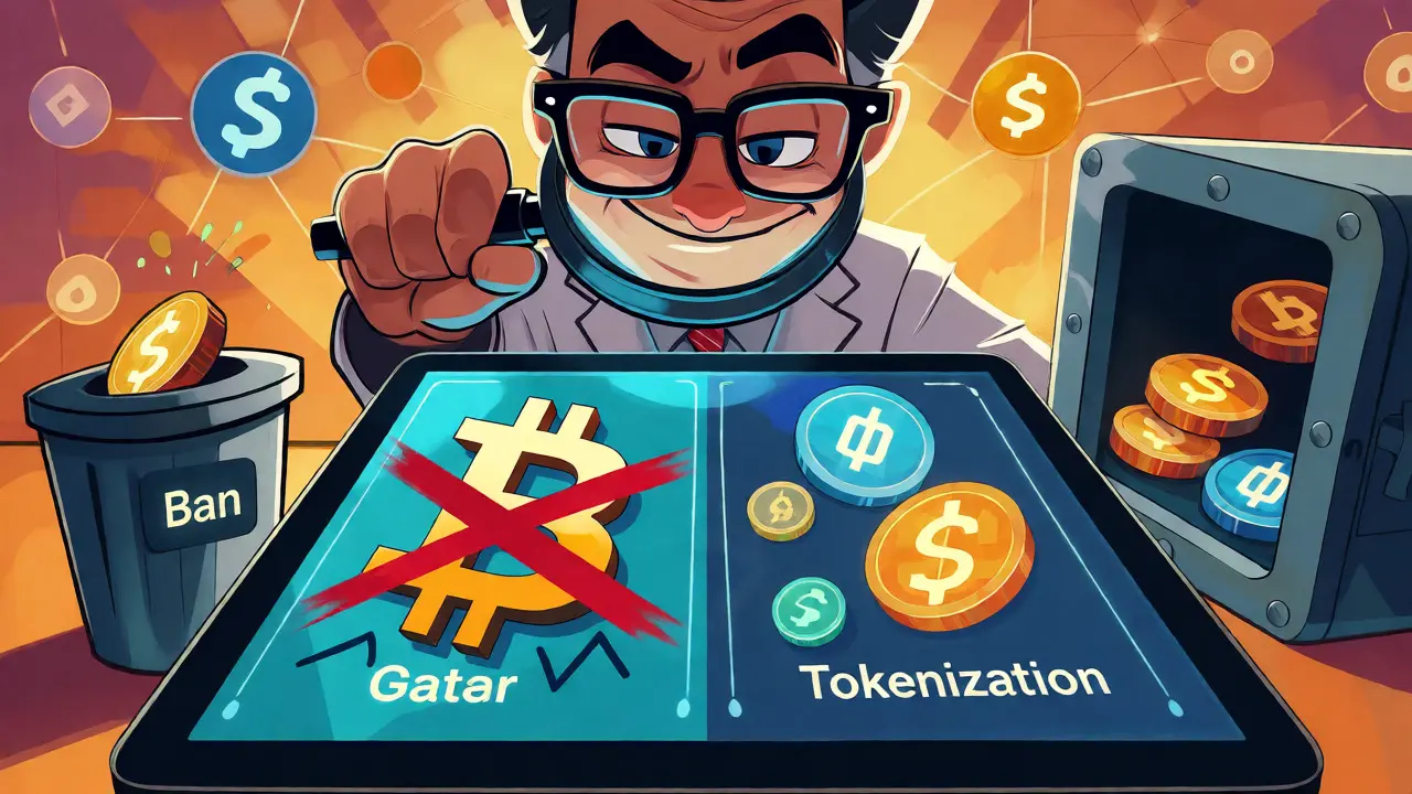 Illustration contrasting banned Bitcoin with approved tokenized assets