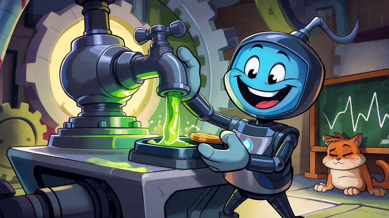Robot dispensing stablecoins with no interest in cartoon DeFi factory