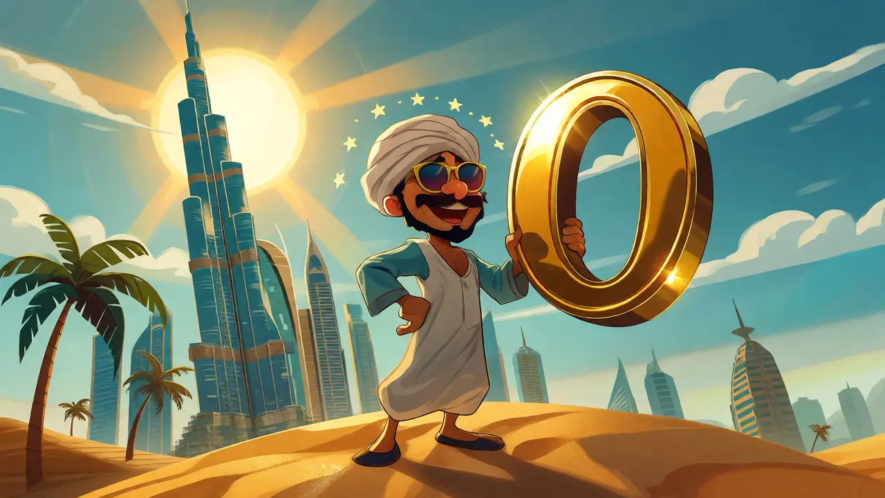 Trader standing happily in Dubai with zero tax sign
